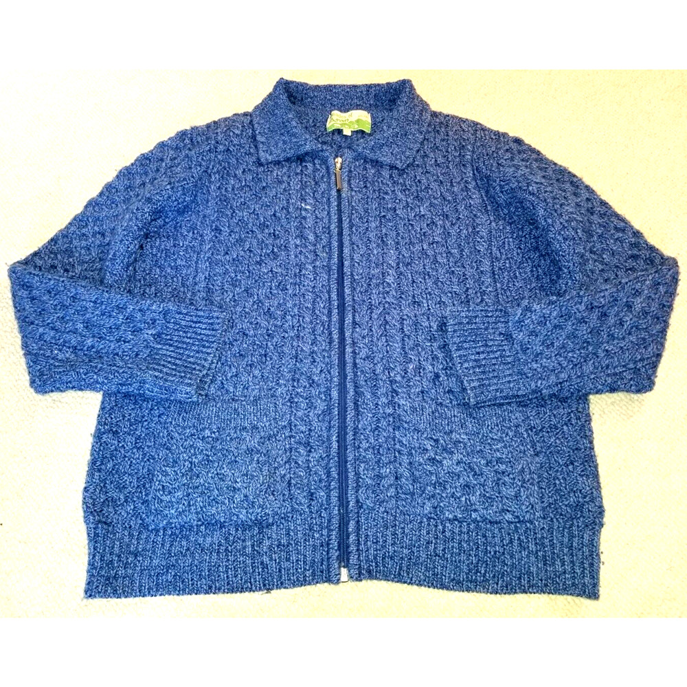 Womens Sweater-SHADES OF ARAN-IRELAND-blue cableknit merino wool zip cardigan-S